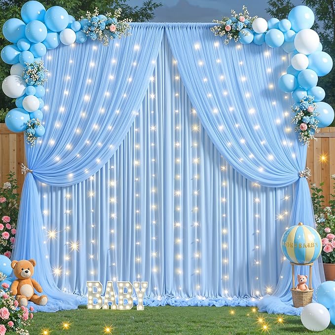 Baby Blue Tulle Backdrop Curtain for Parties Wedding,5ft x 10ft Wrinkle Free Curtain Backdrop,2 Layer Drapes for Backdrop,Polyester Back Drop for Bridal Shower Birthday Baby Shower Photography