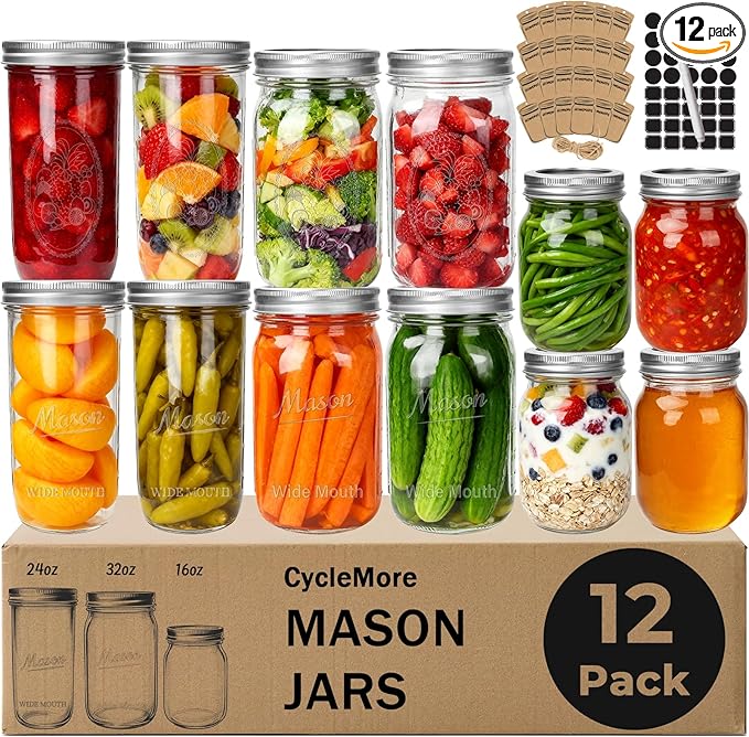CycleMore Mason Jars Bundle, 12 Pack J Canning Jars With Bands and Lids, Ideal for Jam, Honey, Wedding/Shower Favors, DIY & Oats - 32 OZ x 4, 24 OZ x 4, 16 OZ x 4 (16oz - 24oz - 32oz)