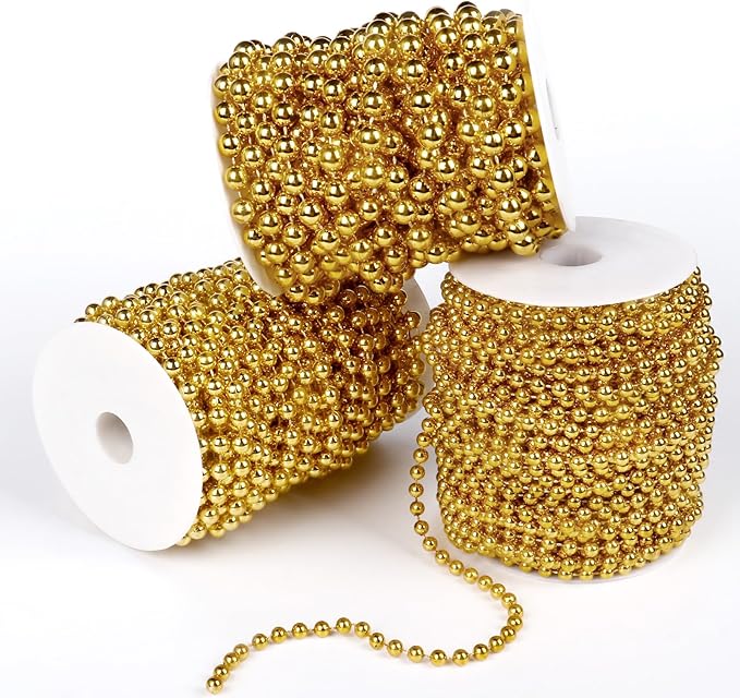 [66 Feet] Gold Pearl Beads Garland, 8MM 22 Yards Gold Faux Pearl Beads String Roll Bulk for DIY Craft Christmas Tree Wedding Party Decoration