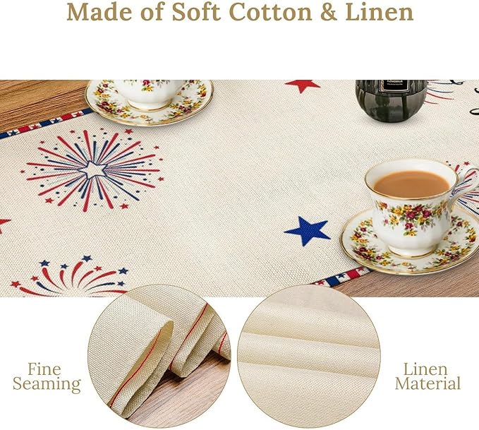 Cute Patriotic Gnomes Table Runner, American Independence Day 4th of July Gnome Blue Red Fireworks Confetti Print Table Runner for Home Kitchen Dining Table Party Decor, 13x90inch
