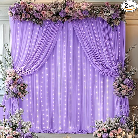 Lavender Backdrop Curtains with Lights for Parties,10x10FT Wrinkle Free Polyester Wedding Photo Backdrop Curtains for Baby Shower Birthday Ceremony Reception Home Party Decorations-5ft x 10ft,2 Panels