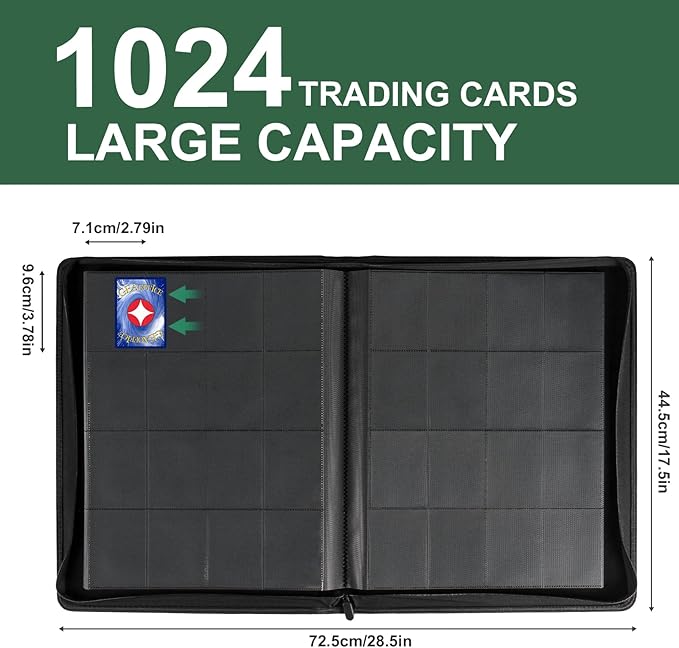 GEAoffice Premium 1000 Trading Card Binder, Large Side Loading 16 Pocket Card Collection Binder Album Folder for MTG, TCG & Sports, Green