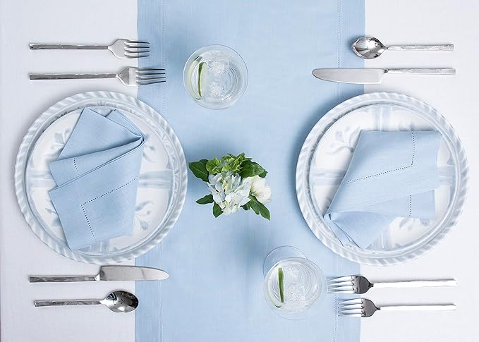 Solino Home Linen Sky Blue Table Runner 120 Inches Long - 100% Pure Linen Hemstitch 14 x 120 Inch Table Runner for Dining, Holiday - Classic Hemstitch