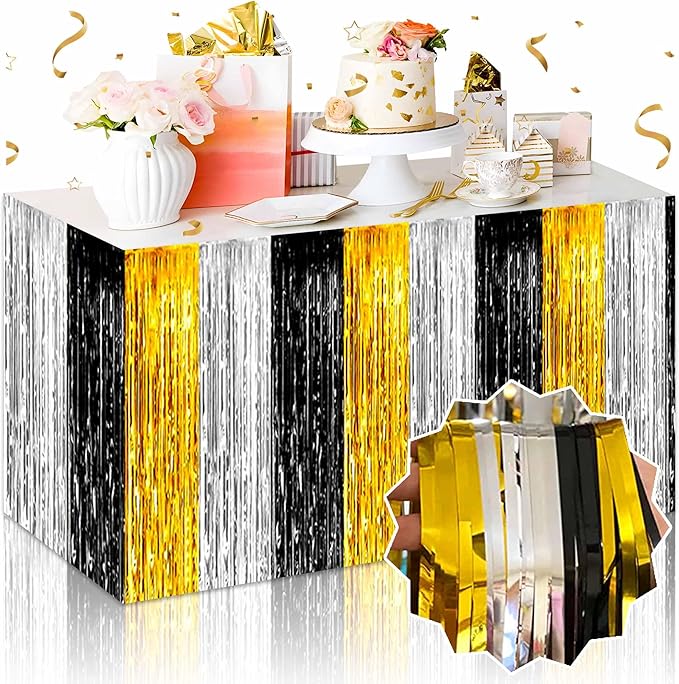 3 Pack 29 x108 Inch Black Gold Silver Foil Fringe Table Skirts Metallic Banner for Tinsel Streamer Garland Backdrop for Parade Floats Mother's Day, Graduate, Birthday, Wedding Party Decoration