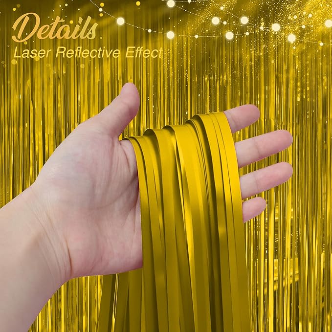 2 Pack Metallic Gold Fringe Backdrop, 3.2x8.2ft Shining Foil Tinsel Curtains, Birthday Party Decorations Door Streamers for Halloween, Christmas, Wedding, Graduation, Holiday, Theme Events