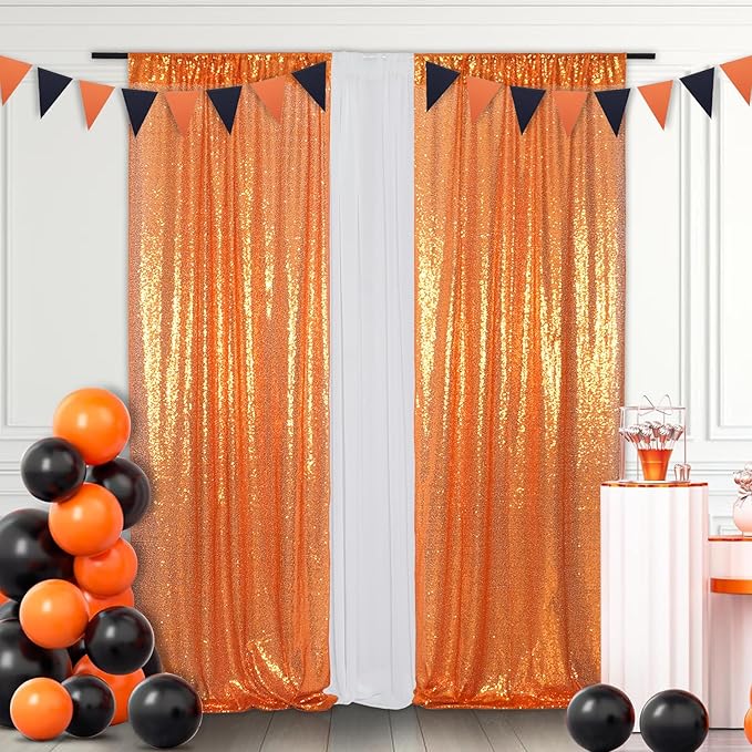 Eternal Beauty 2 PCS Sequin Backdrop Curtain, Halloween Sequin Wedding Backdrop for Christmas Party, Birthday (Orange 2FTx8FT)