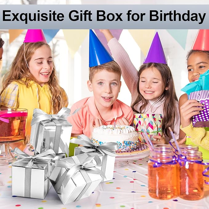 COCPOK 50 Pack Silver Gift Boxes, 2x2x2 inch Gift Box, Small Candy Boxes with Lids and Ribbons, Paper Favor Box for Wedding Bridal Shower Baby Shower Birthday Party