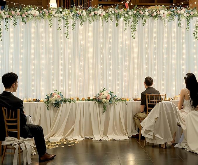 20ft x 10ft Ivory Tulle Photo Backdrop Curtain with Lights String for Parties Wedding Sheer Ivory Curtain Backdrop for Birthday Party Bridal Shower Photo Booth Photography Background Decorations