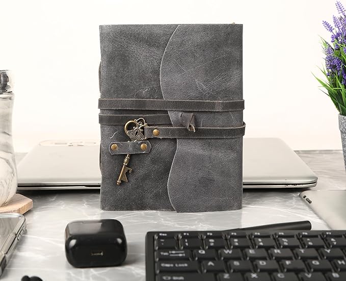 Leather Journal with Lined and Unlined Deckle Edge Paper 8x6 inch and Vintage Key | Handmade Writing Notebook Diary | Bound Daily Notepad for Men & Women Medium, Sketch/Writing pad for Artists