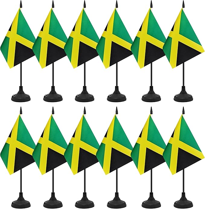 12 Pack Jamaica Desk Flag Set, Jamaican Table Office Flag, Small Miniature Desktop Flag With Black Pole and Black Base, Classroom, Offices Meeting Desk Decoration (Jamaica)