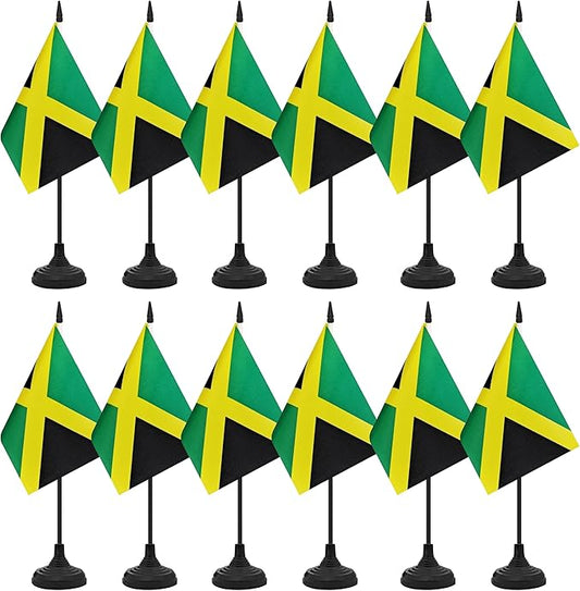 12 Pack Jamaica Desk Flag Set, Jamaican Table Office Flag, Small Miniature Desktop Flag With Black Pole and Black Base, Classroom, Offices Meeting Desk Decoration (Jamaica)