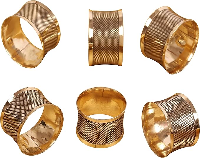 Brass Base Artistic Handcrafted Beautiful Round Shape Large Size Party Dining Table Napkin Holders in Antique Gold Tone. (Set of 6).