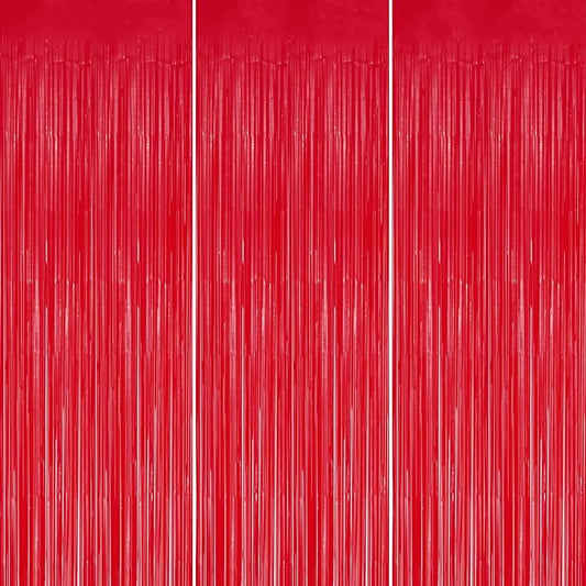 3 Pack Foil Fringe Backdrop - Pastel Red Shiny Tinsel Curtains for Party Decoration/Photo Booth Props - 3.3x8.2 FT Metallic Foil Backdrop for Birthday, Wedding, Graduation, Christmas.
