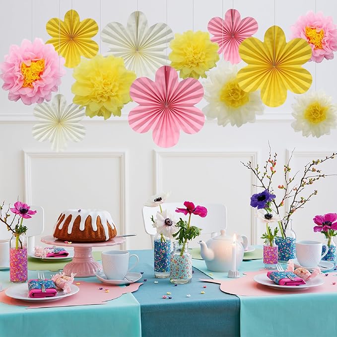 BestoFun 12PCS Paper Flowers Fans Pink Yellow Party Decorations Tissue Paper Flowers Decorations for Girl Groovy Birthday Baby Shower Wedding Bachelorette Room Wall Hanging Décor