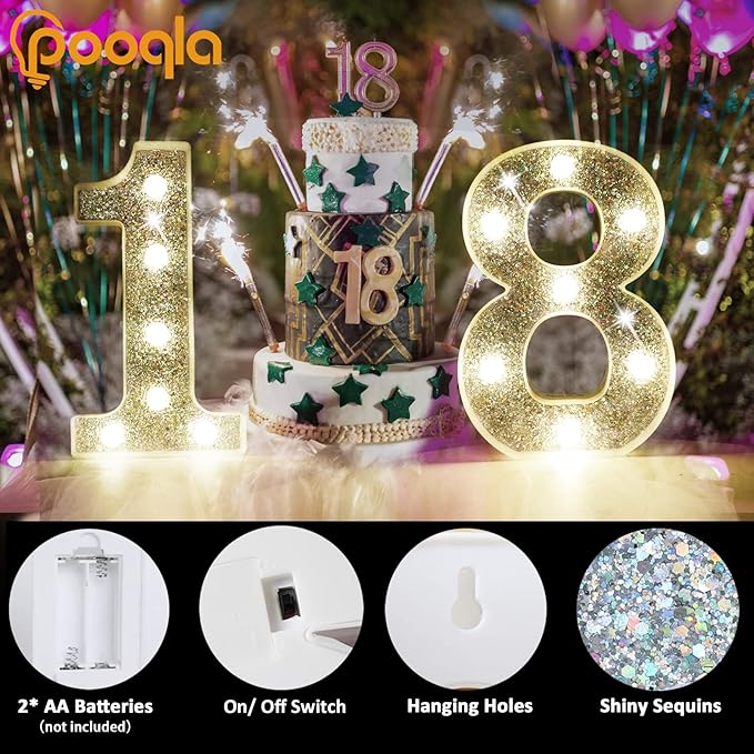 Pooqla Marquee Light up Numbers, Lighted Numbers for 7th Birthday Decorations, Night Light Battery Powered for Silver Party Decorations, Gift for Boys Girls Christmas Wedding Home Room Decoration