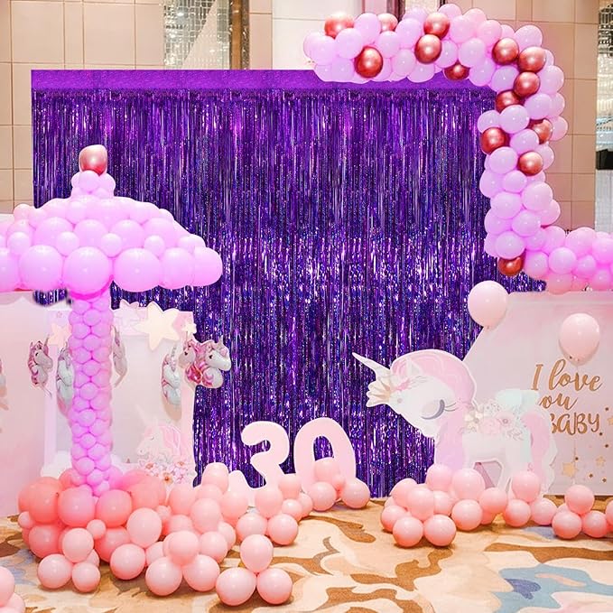 Purple Metallic Tinsel Foil Fringe Curtains, 4 Pack 3.3x8.3 Feet Party Streamer for Birthday Party Decorations, Halloween Decor, Foil Curtain for Bachelorette Party
