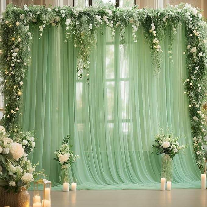 10x10 Green Tulle Backdrop Curtains for Parties, Sheer Backdrop Curtain Wedding Photo Background Drapes for Baby Shower Photography Birthday Party