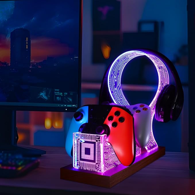 YuanDian Gamer Gifts for Teenage Boy, Desk Gaming Headset and Controller Stand with Blue Pink LED Night Light, Acrylic Wooden Controller Holder with PCB Pattern, Desk Decor Gift