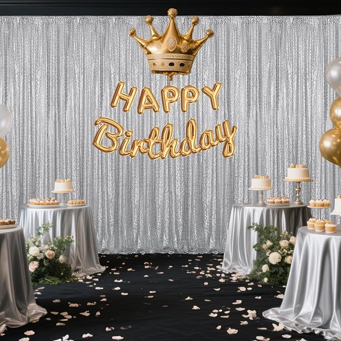 Silver Sequin Backdrop Curtain 2 Pieces 2FTx8FT Glitter Photography Backdrop for Party Wedding Birthday Christmas Decorations