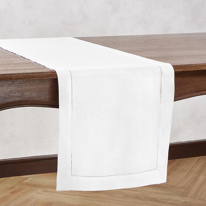 Linen Table Runner 90 inches Long – Medium Weight Hemstitch 100% Pure Linen Off White Dining Table Runner 14 x 90 Inch for Spring, Summer, Wedding Decorations, Gift – Azure
