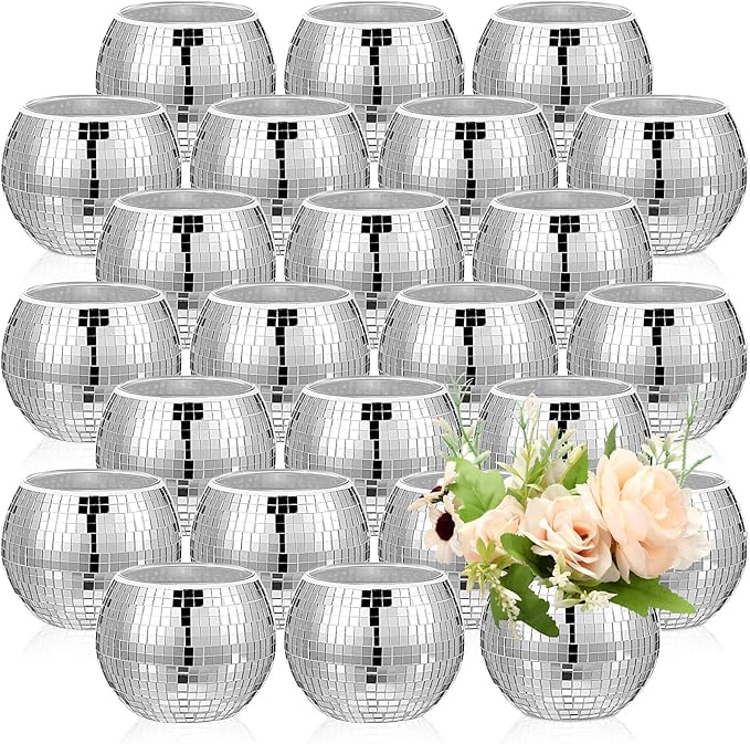 Jinei 24 Pcs Disco Vases Bulk Silver Mirror Disco Ball Flower Glass Ball Planter Candle Holder Glass Vase for Wedding Table Centerpieces Bedroom Office Birthday Decoration (3" X 4")
