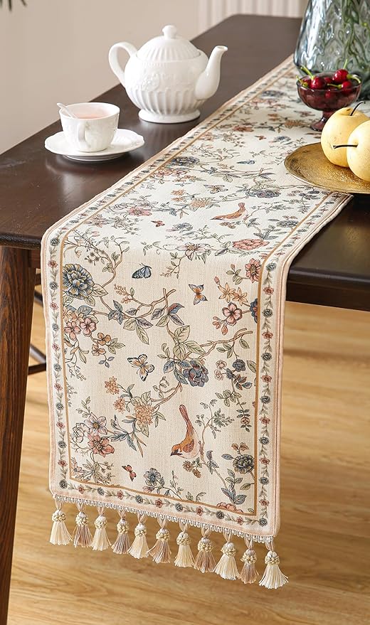 ISAENNE Designer Linen Table Runner 102 Inches Long,Elegant Floral Bird Pattern Table Runners for Dining Room,Farmhouse Rustic Kitchen Decor,Thanksgiving,Christmas,12"*102"-Cornucopia