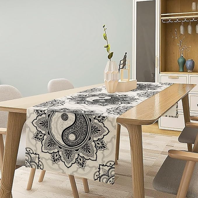 Yin Yang Table Runner, Bohemian Mandala Vintage Black White Traditional Oriental Floral Print Table Runner for Home Kitchen Dining Table Wedding Party Decor, 13x120inch