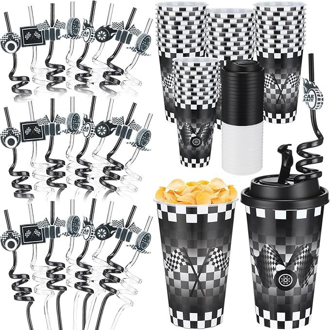 Yungyan 24 Sets Checkered Flag Party Favors Goodie Cups with Lids and Straws for Birthday Decorations Reusable 16oz Plastic Candy Cups Plastic Straws for Birthday Party (Checkered Flag)