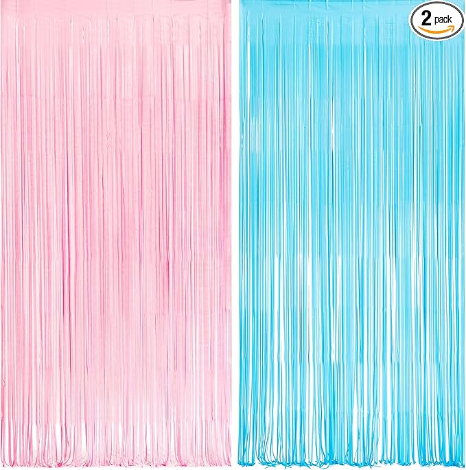 Pink and Blue Party Photo Backdrop - GREATRIL Foil Fringe Tinsel Streamers for Pastel/Easter/Birthdays Party Decorations - 3.2ft X 8.2ft - 2 Packs