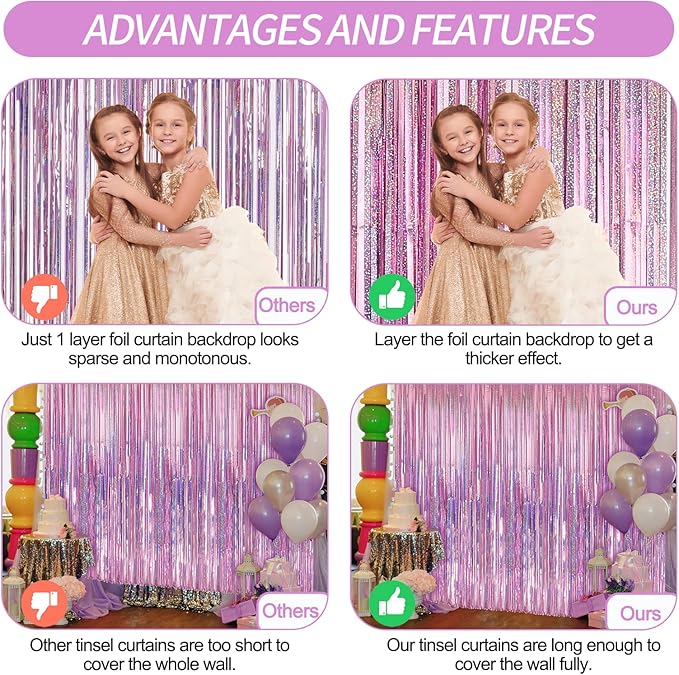 Crosize 2 Pack 3.3 x 9.9 ft Laser Pink Foil Fringe Backdrop Curtain, Streamer Backdrop Curtains, Streamers Birthday Party Decorations, Tinsel Curtain for Parties, Galentines Decor, Preppy, Photo Booth