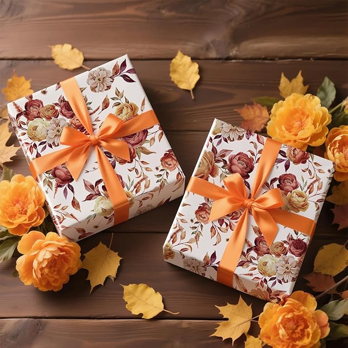 RUSPEPA Fall Floral Wrapping Paper Roll for Women Girls, Mini Roll, Vintage Rose and Autumn Bloom Bouquet Design Gift Wrap for Thanksgiving, Wedding, Birthday, Bridal Shower, 17 Inches x 16.4 Feet