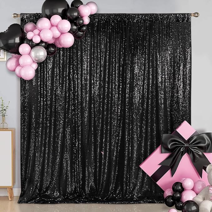 SquarePie Sequin Backdrop 8FT x 8FT Black Curtain Background for Halloween Wedding Party Christmas Decoration