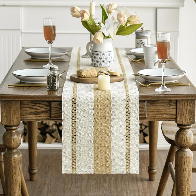 Artoid Mode Burlap Brown Farmhouse Woven Rustic Table Runner, Seasonal Holiday Hollow Kitchen Dining Table Decoration for Home Party Decor 12x72 Inch