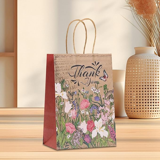 piqiya 24pcs Vintage Floral Gift Bags,Thank You Kraft Paper Bags with Handles for Friend Teacher Mom,Colorful Flower Pattern Bag for Gifting,Birthday,Gratitude,Party Goody Treat Bag