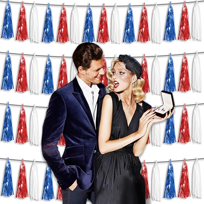 4P Metallic Fringe Tassel Banner Garland Foil Tinsel Streamer Wall Curtain Backdrop for Parade Floats, Graduation, Independence Day, 4th of July, Patriotic Themed Party Decoration(White Blue Red)