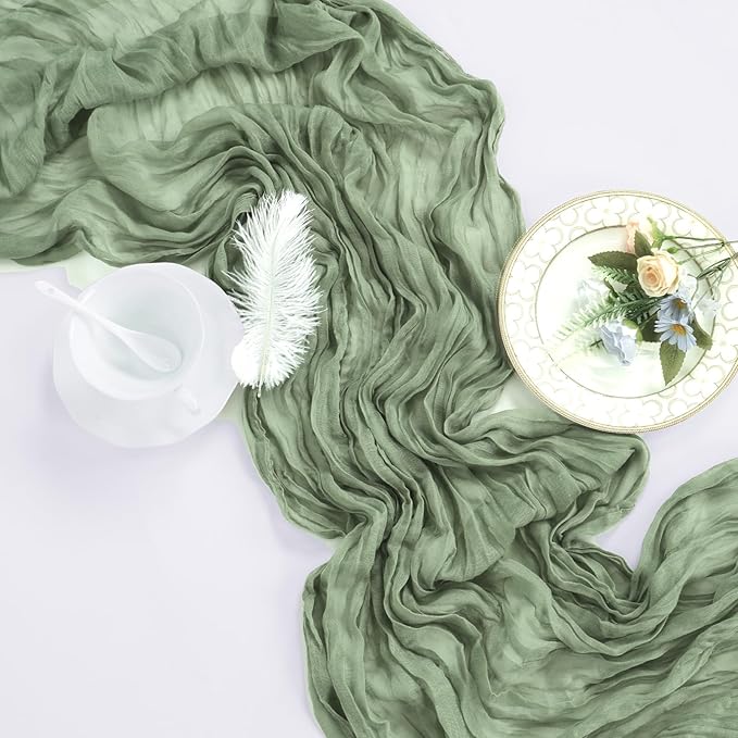 6 Pack Sage Green Table Runner 10ft Boho Gauze Fabric Cheesecloth Table Runner 35 x 120 Inch Rustic Sheer Runner for Wedding Centerpiece Decor Baby Shower Party Table Decorations