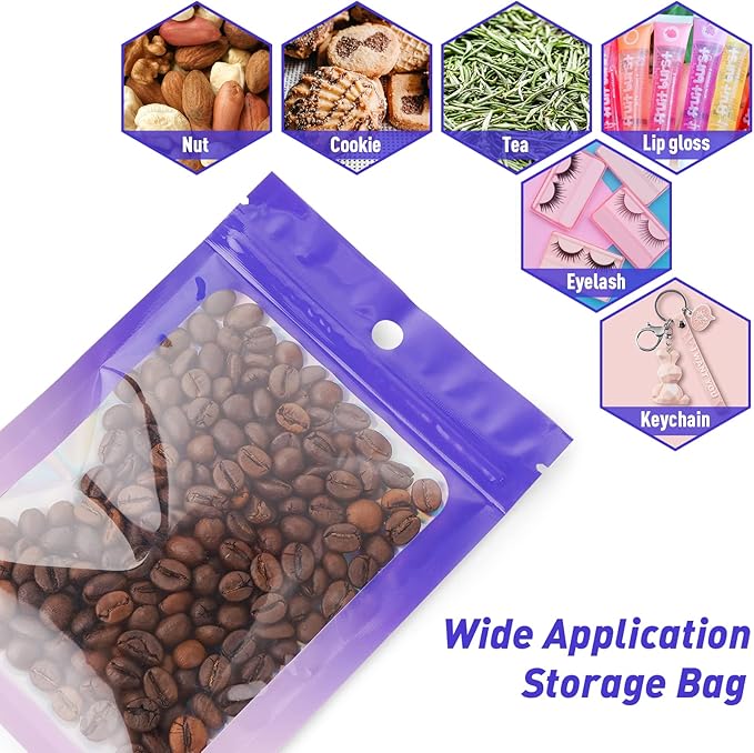 Funfery 100 Pack Gradient Holographic Bags,Mylar Resealable Bag with Zipper,Clear Window Packaging Pouchs, Smell Proof Foil Bag for Food Storage,Sample Jewelry Baggies(5.5x7.9In,Purple Pink)