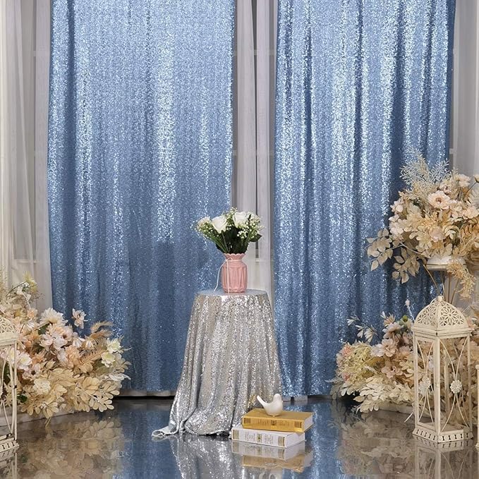 Poise3EHome Baby Blue Sequin Backdrop Curtains, 2 PCS 5FT x 10FT Glitter Panels for Birthday Party Baby Shower Wedding Christmas Thanksgiving Holiday Festival Decor