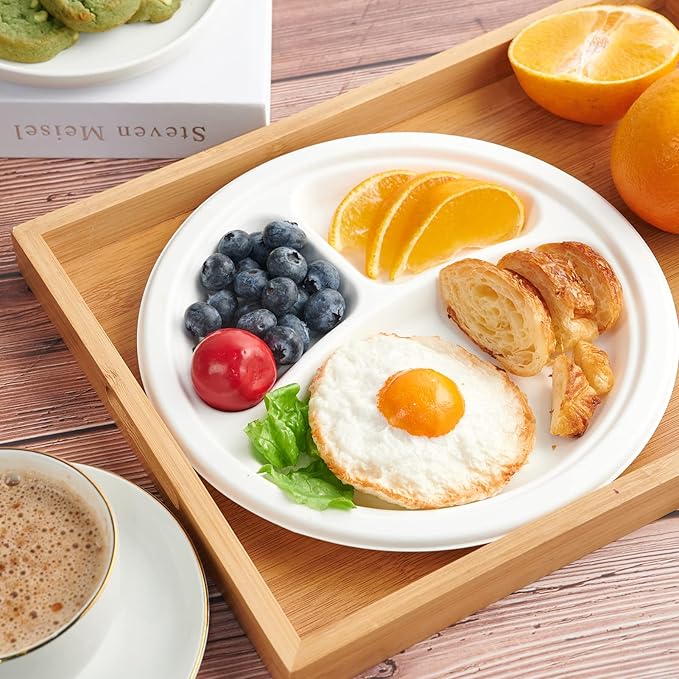 ECOLipak 150 Pack Compostable 3 Compartment Plates, Heavy-Duty Disposable Biodegradable Paper Plates, 8.85 inch Eco-Friendly Sugarcane Bagasse Divided Plates for Dinner