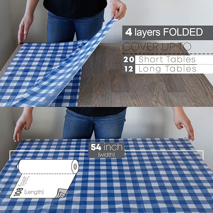 Neatiffy Disposable Plastic Table Cloth Roll | 54 in x 108 Ft Waterproof Tablecloth | Table Cover for Rectangle, Square, Round Oval Tables | Picnic, Party, Banquet, Birthdays, Weddings - Blue Gingham
