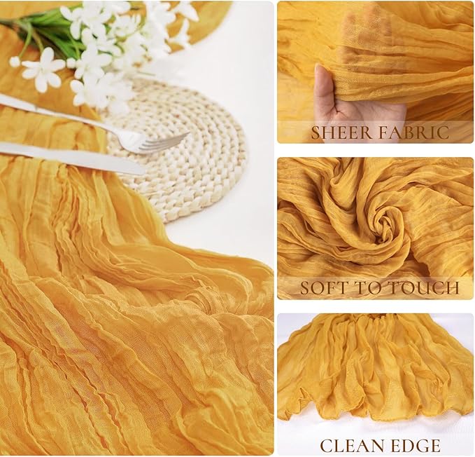 3 Pack Gold Cheesecloth Table Runner Fall Thanksgiving 35x120 Inch Yellow Cheese Cloth Runner 10FT Boho Rustic Gauze Table Runner for Wedding Baby Shower Birthday Party Decor
