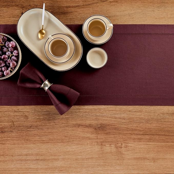 Solino Home Linen Table Runner 60 Inches - 100% Pure Linen Burgundy Hemstitch Table Runner 14 x 60 Inch Ideal for Dresser and Coffee Tables - Fall, Thanksgiving, Christmas, Holiday - Classic Hemstitch