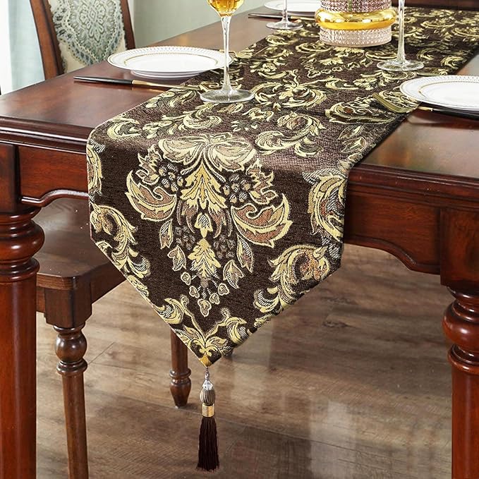 Sophisticated Jacquard Dark Brown Chenille Table Runner with Bling Gold Embroidered 13x84 inches