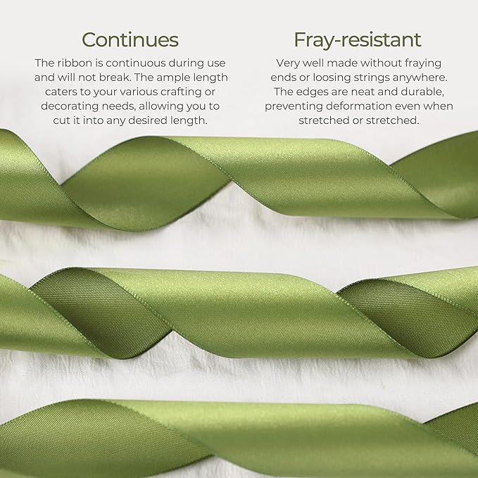 Olive Green Satin Ribbon 3/8 inch X Continuous 25 Yards, Single Face Polyester Ribbon Perfect for Gift Wrapping, Flower Bouquet, Wedding Decor, Crafts, Bow Making, Sewing and More