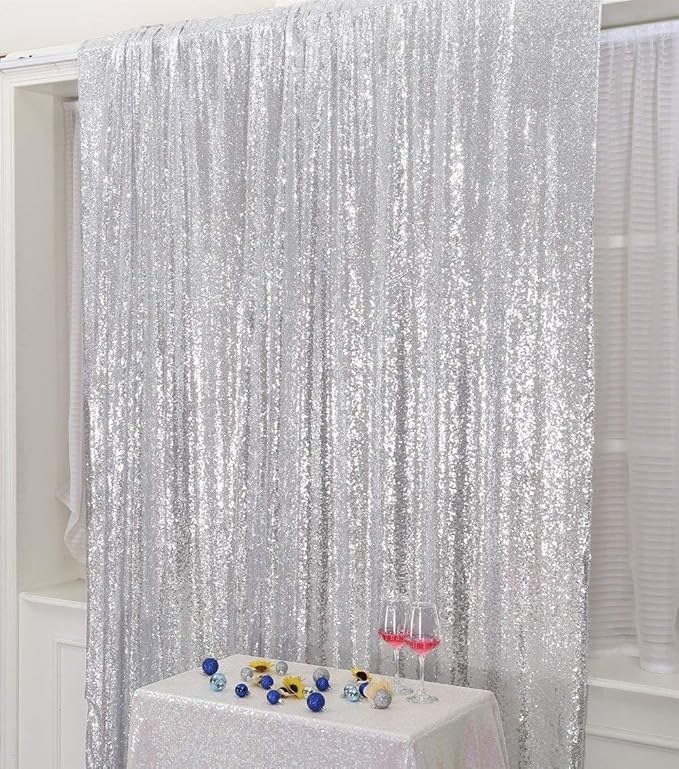 PartyDelight Sequin Backdrop Silver 6Ft x 8Ft Photograph Wedding Curtain Special Events