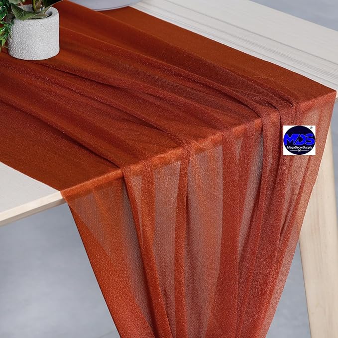 MDS 5 Pack 10ft Chiffon Table Runner 29 x 120 Inches Sheer Wedding Runner Romantic Rustic Table Runner for Wedding Decorations, Birthday Parties, Bridal Shower Party Arch Decor - Terracotta