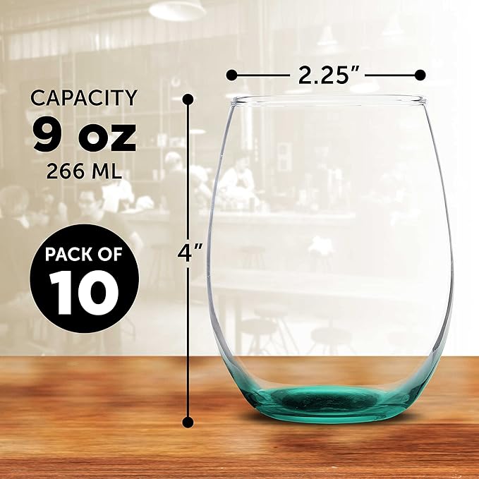 DISCOUNT PROMOS Stemless Wine Glass 9 oz. Set of 10, Bulk Pack - Great for Wedding Favors, Bachelorette Party and More - Green Bottom Color