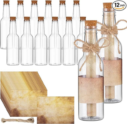 Baderke 12 Pcs 5.6 oz Message Bottles with Letter Printer Paper Plastic Bottles & Corks Twines for Message Invitations Birthday Wedding Baby Shower DIY Crafts Gift Party Favors (Vintage)