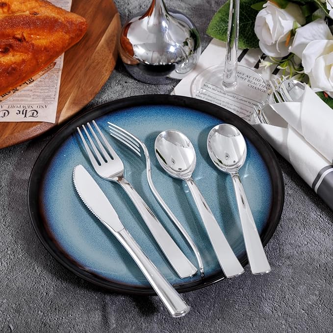 400PCS Pre Rolled Silver Plastic Silverware Sets - Heavy Duty Silver Cutlery - Include 100 Pack Wrapped Disposable Utensils with Napkins for Parties & Dinners & Weddings