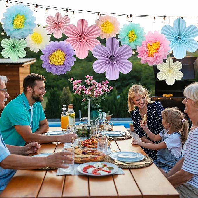 BestoFun 12PCS Paper Flowers Fans Pastel Party Decorations Tissue Paper Flowers Decorations for Girl Groovy Birthday Baby Shower Wedding Bachelorette Room Wall Hanging Décor